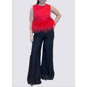 NEW JESSIE LIU cotton blended sleeveless top with ostrich feather trim in red